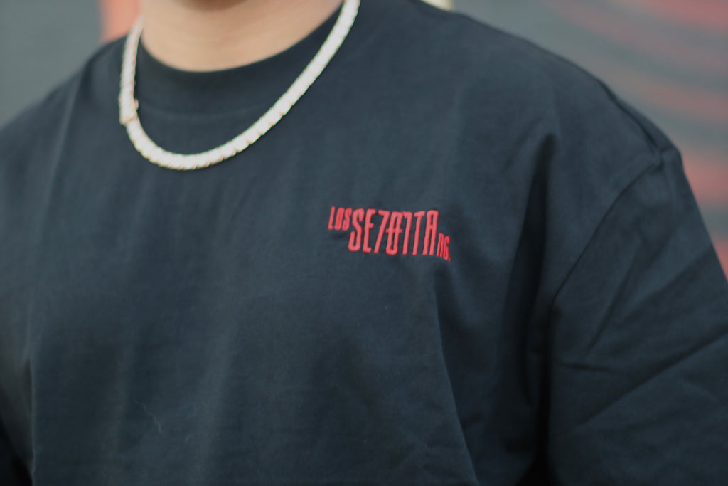 Black t-shirt with red logo