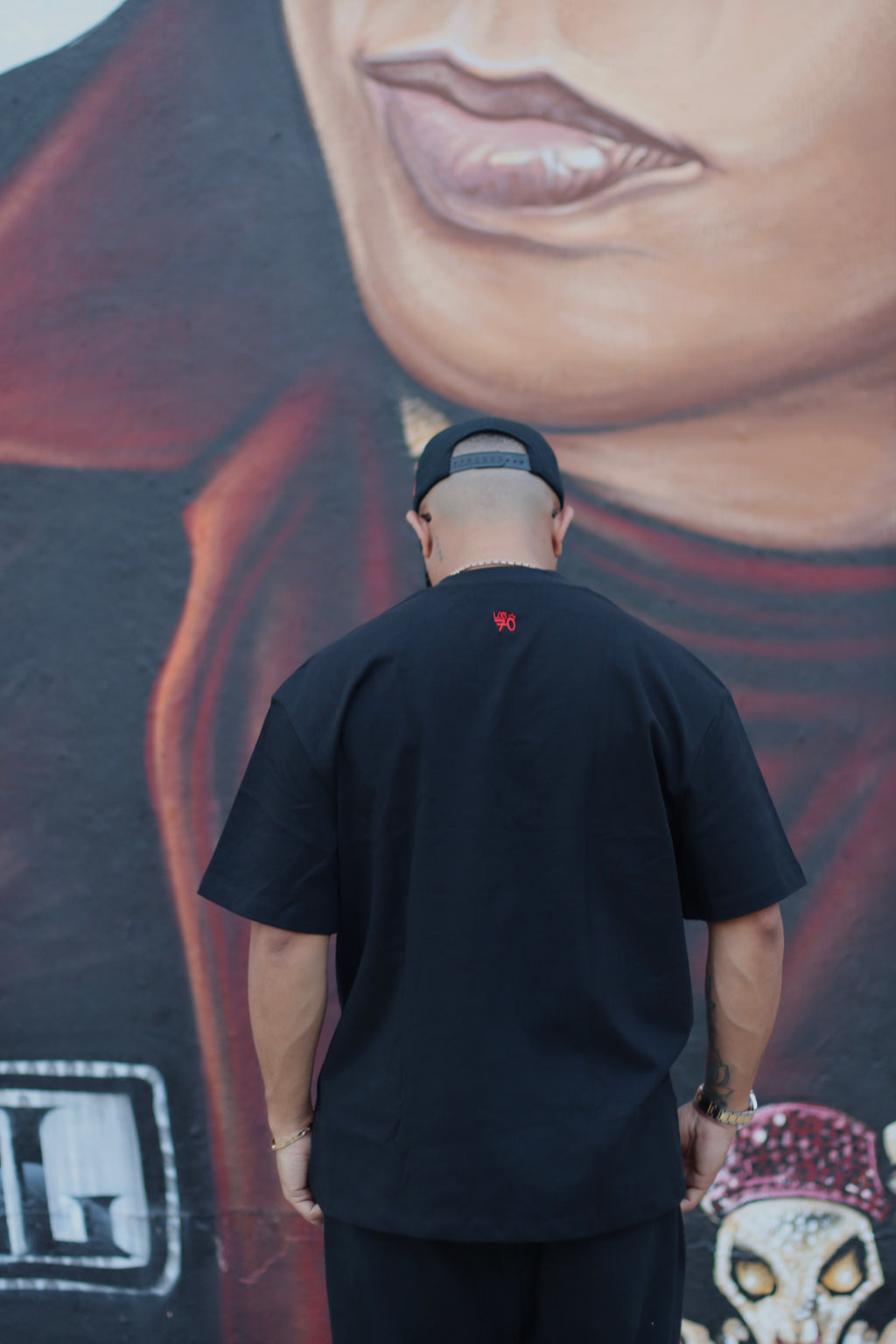 Black t-shirt with red logo