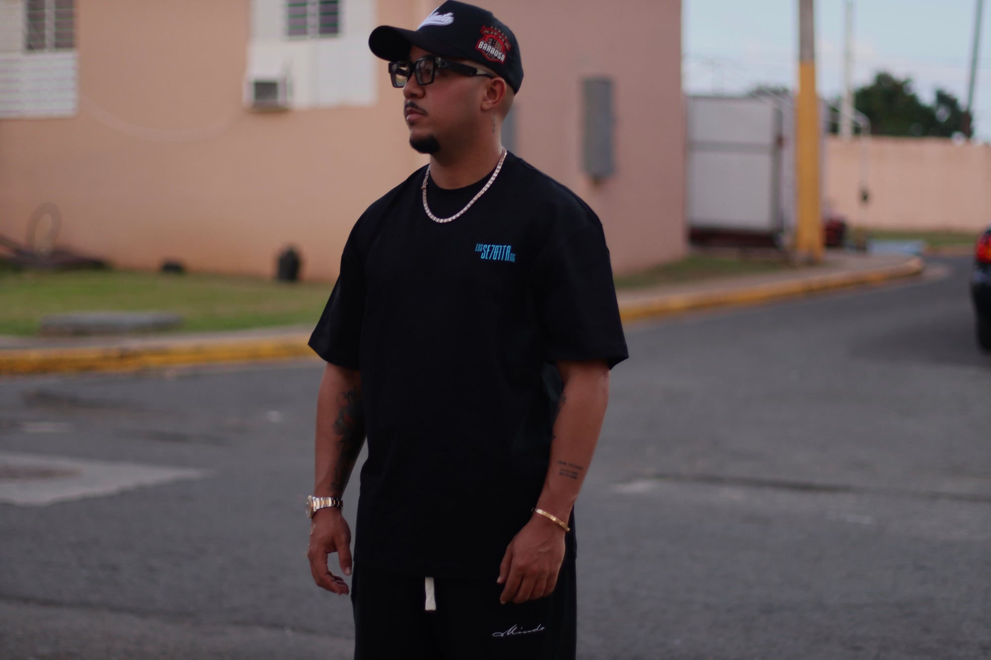 Black t-shirt with blue logo