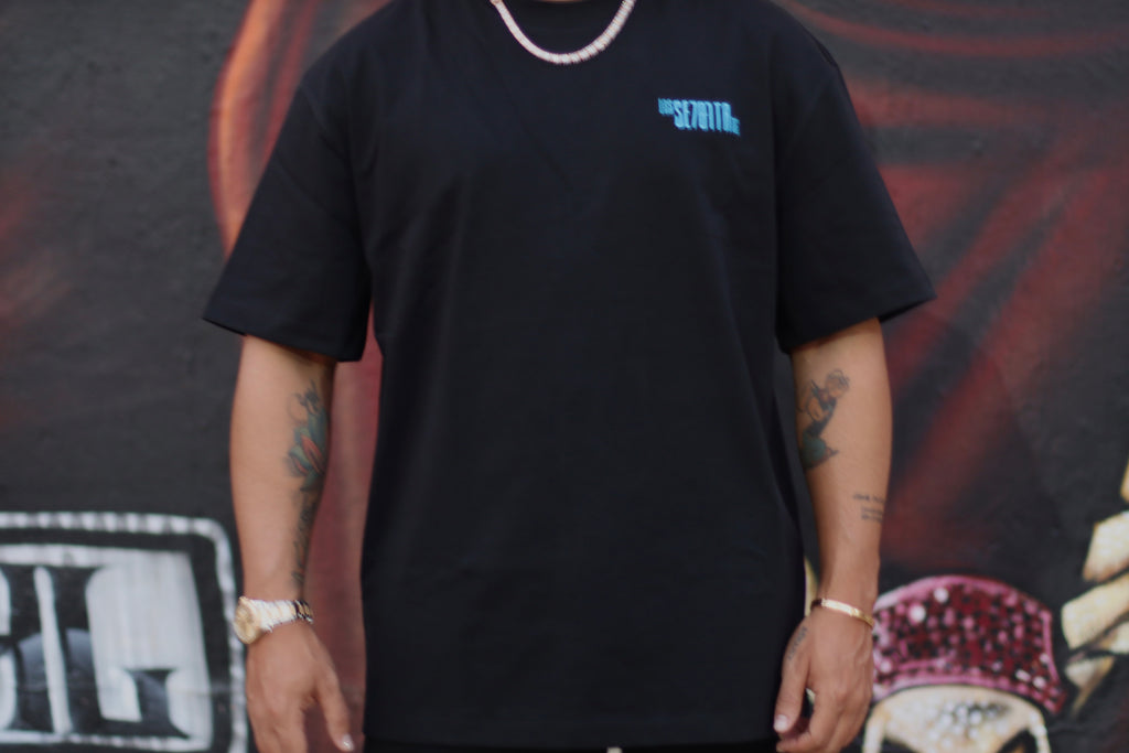 Black t-shirt with blue logo